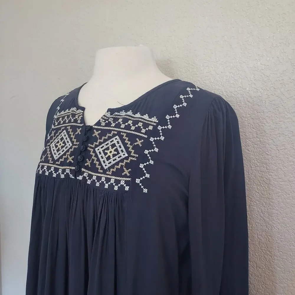 Monoreno Blue Embroidered Long Sleeve Tunic Dress Size M